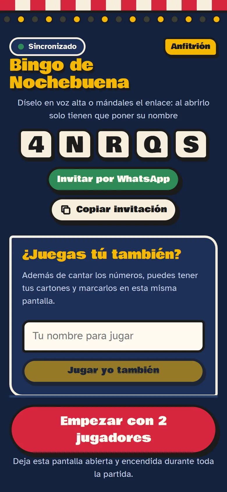 Sala del anfitrión con el código de la partida y los botones para invitar por WhatsApp o copiar la invitación